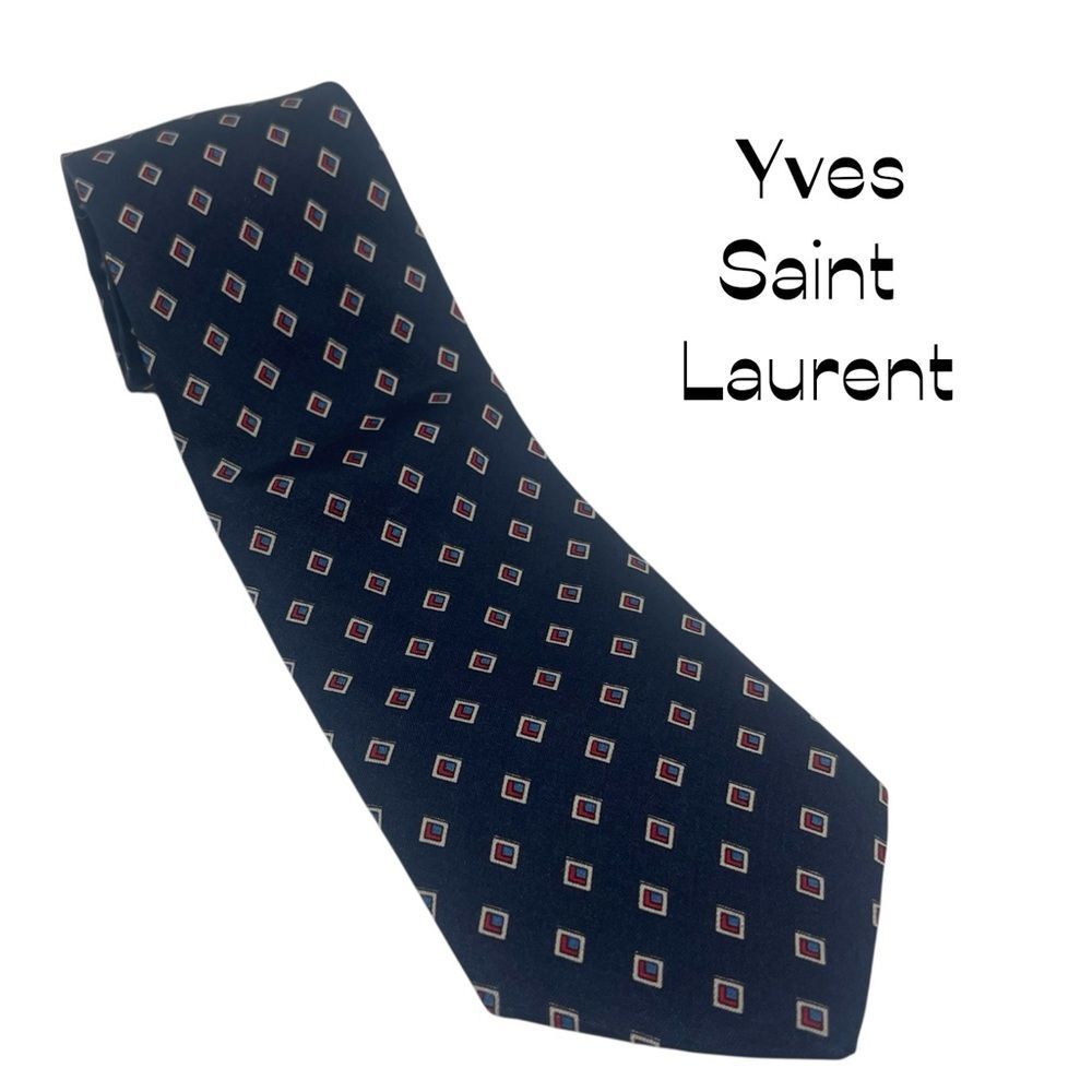 Yves Saint Laurent Navy Red Diamond Print Silk Designer Necktie Luxury